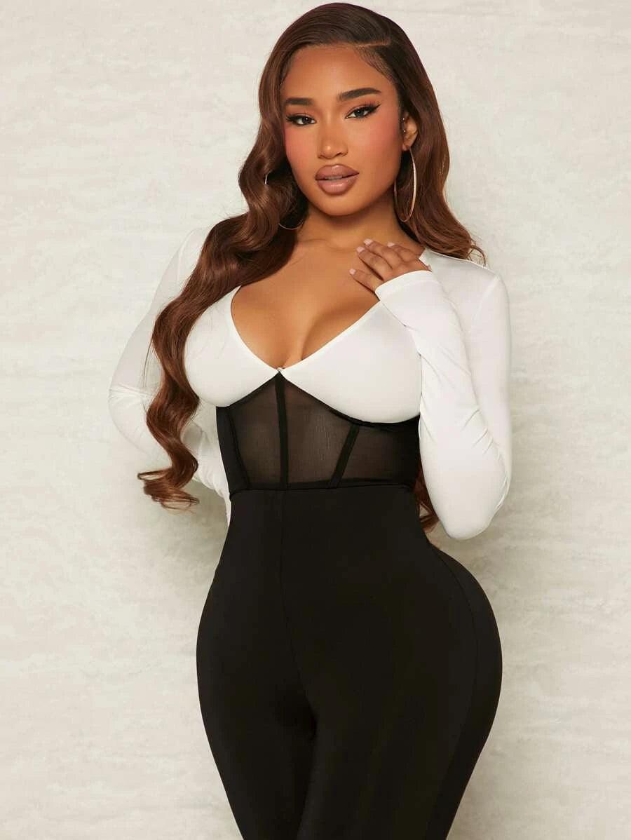 Contrast Mesh Plunging Neck Jumpsuit-Comfy Jumpsuits