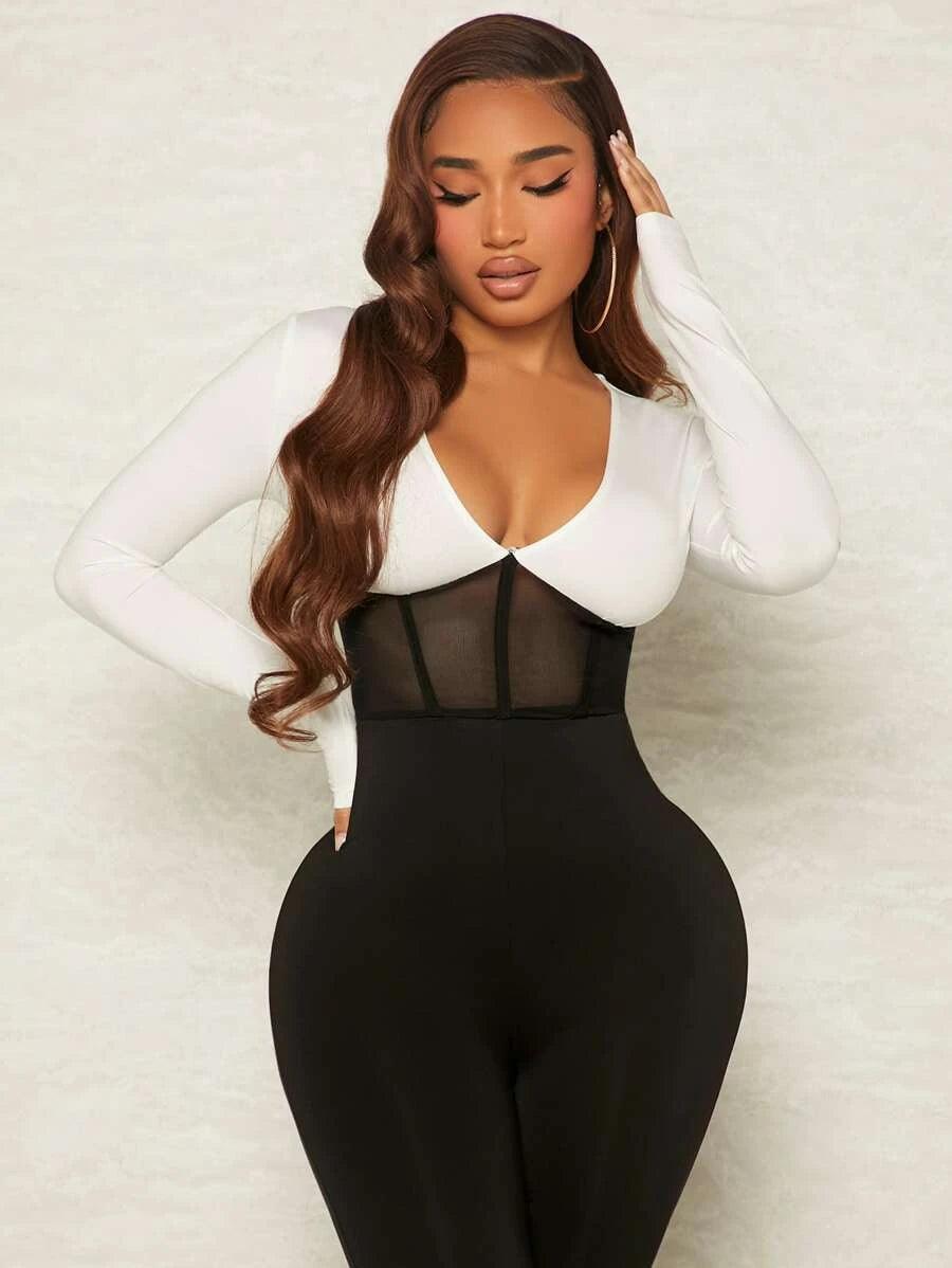Contrast Mesh Plunging Neck Jumpsuit-Comfy Jumpsuits