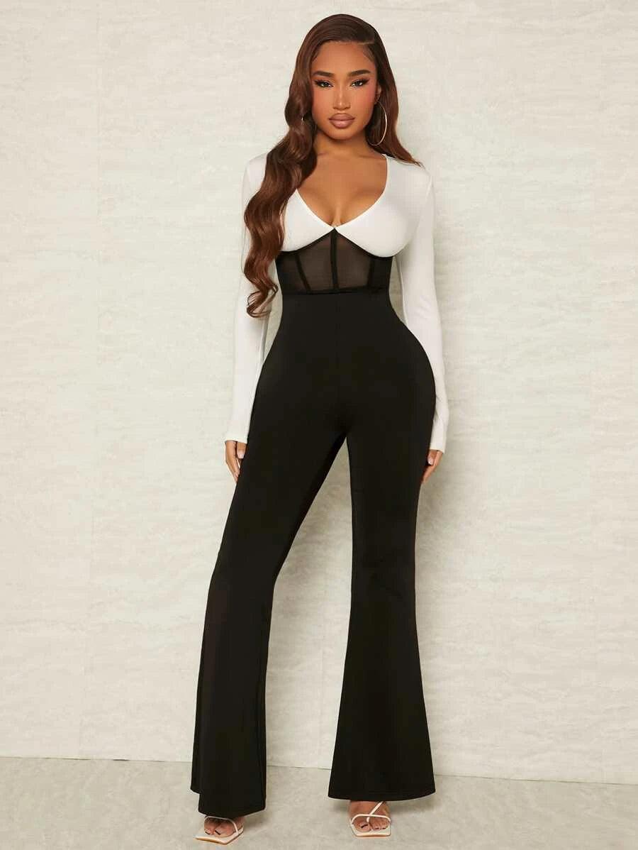 Contrast Mesh Plunging Neck Jumpsuit-Comfy Jumpsuits