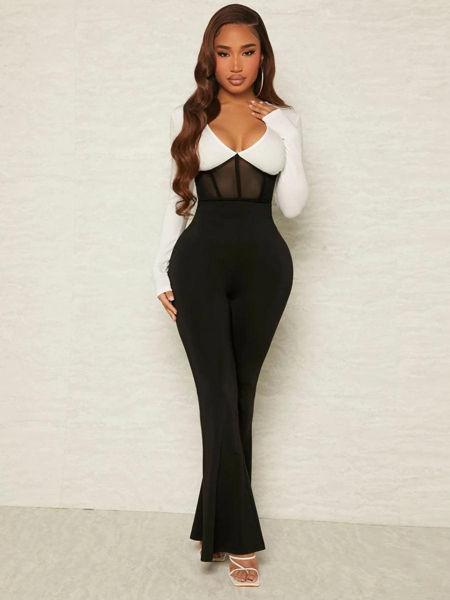 Contrast Mesh Plunging Neck Jumpsuit-Comfy Jumpsuits