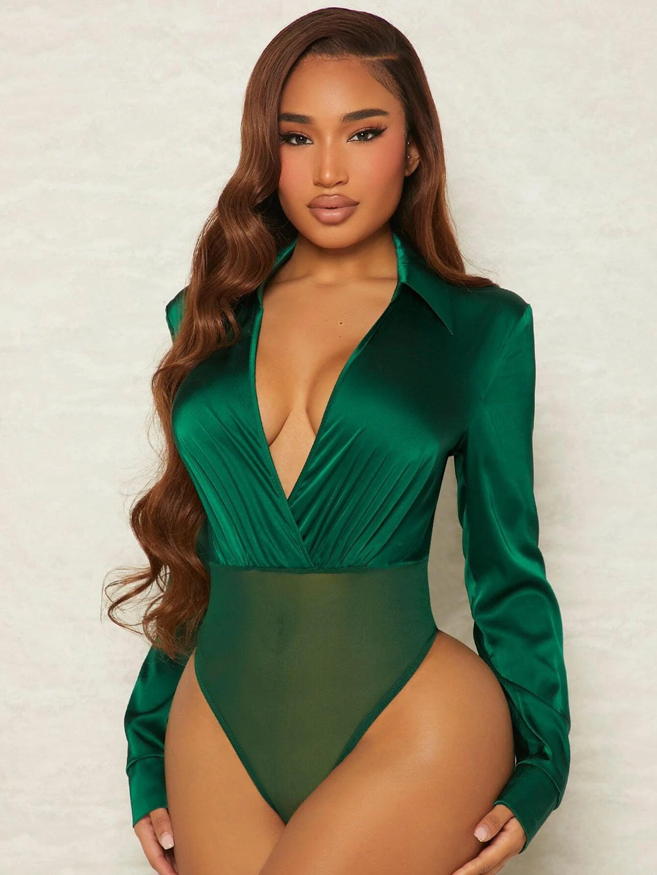 Mesh Ruched Wrap Bodysuit-Comfy Jumpsuits