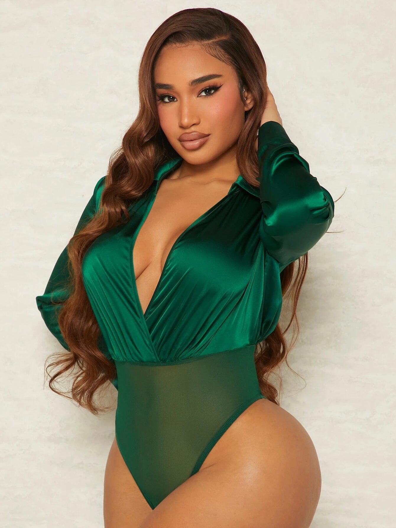 Mesh Ruched Wrap Bodysuit-Comfy Jumpsuits