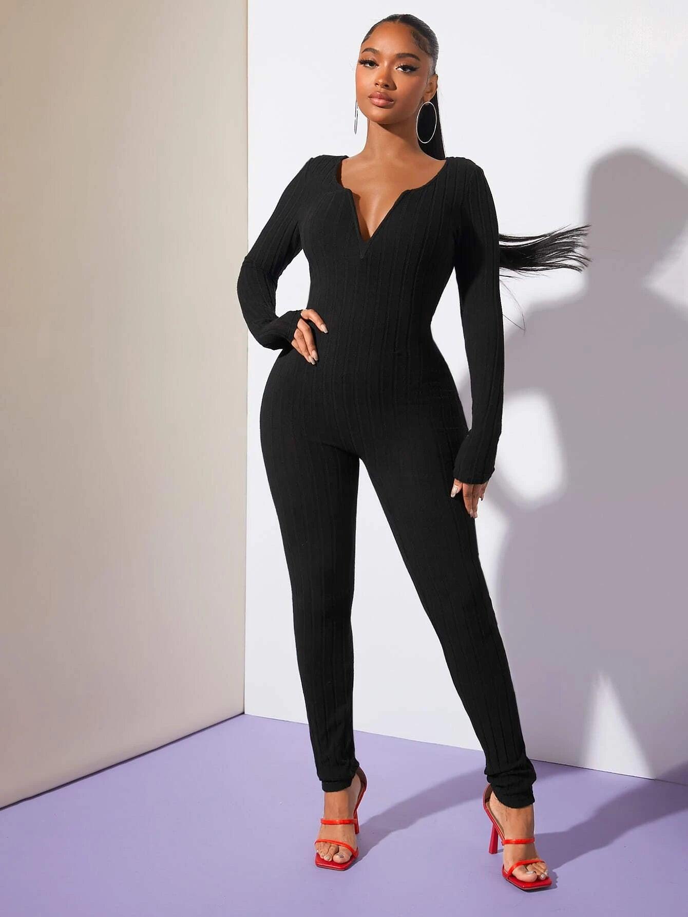Unitard Solid Notched Neck Jumpsuit-Comfy Jumpsuits