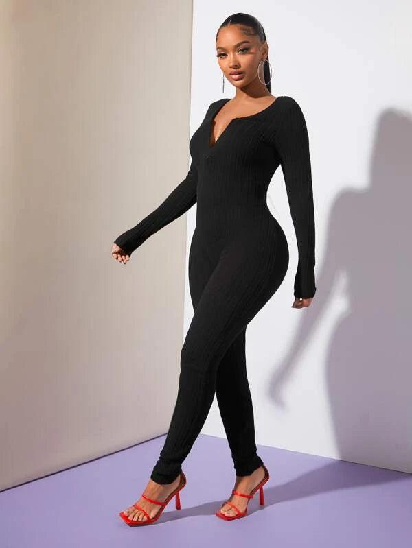 Unitard Solid Notched Neck Jumpsuit-Comfy Jumpsuits