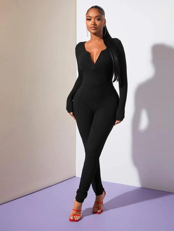 Unitard Solid Notched Neck Jumpsuit-Comfy Jumpsuits