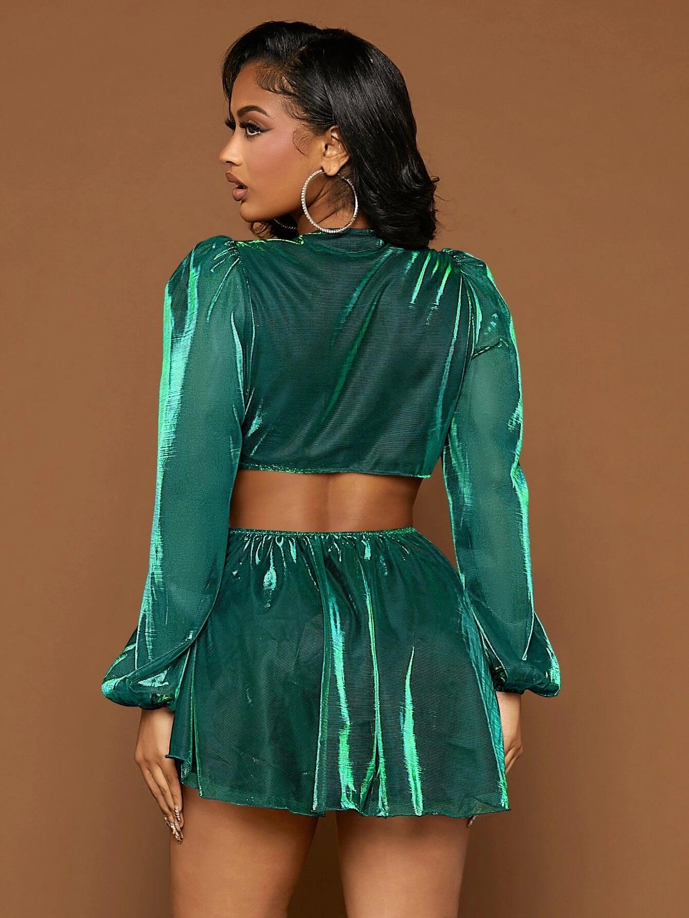 Plunging Neck Lantern Sleeve Metallic Romper-Comfy Jumpsuits