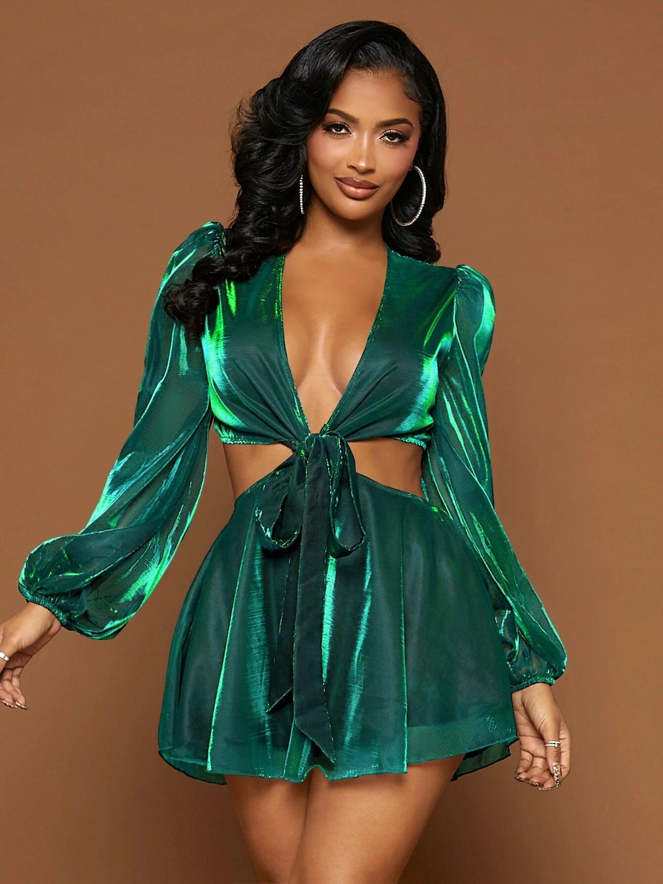 Plunging Neck Lantern Sleeve Metallic Romper-Comfy Jumpsuits