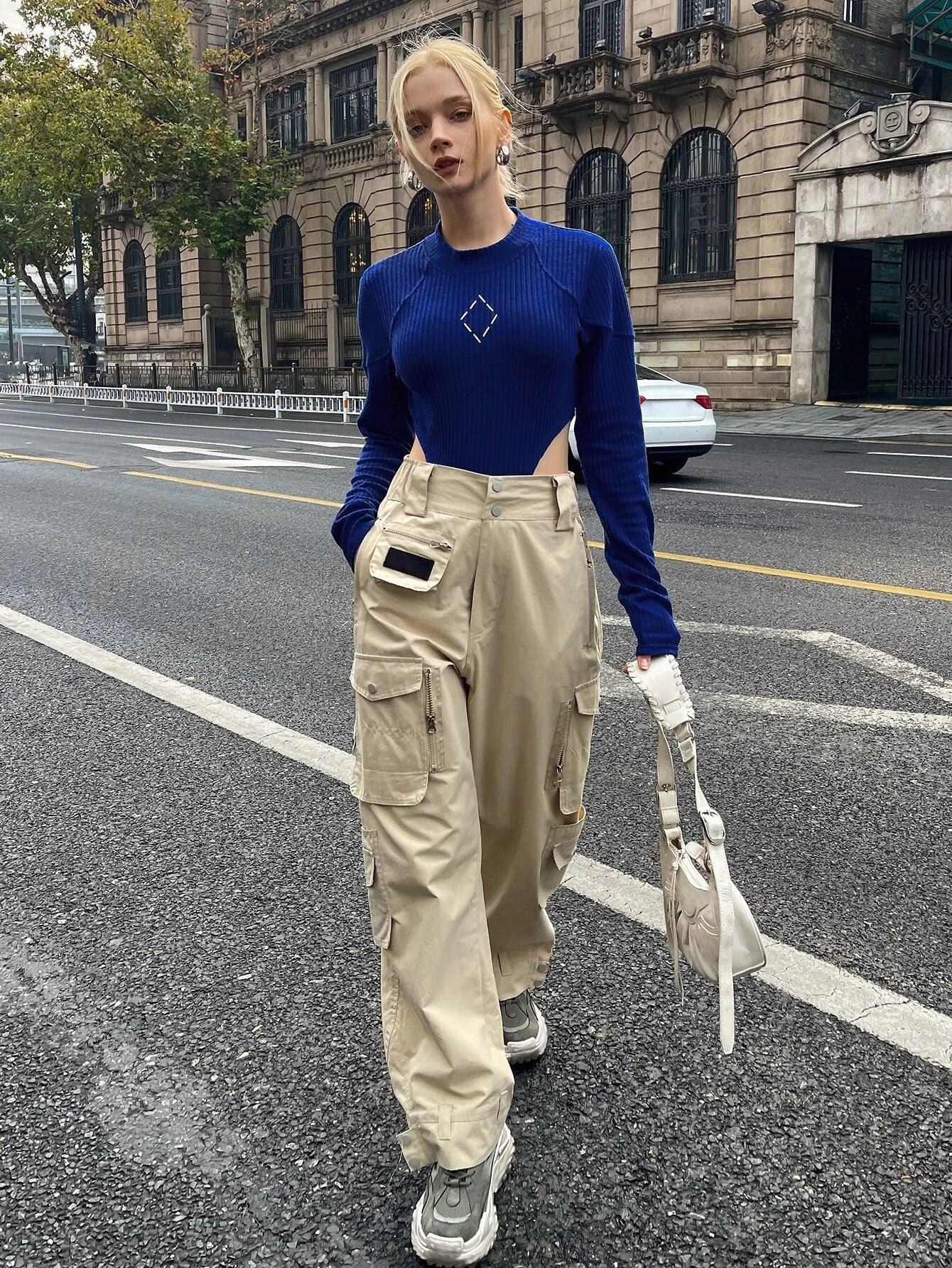 Geo Print High Cut Out Bodysuit-Comfy Jumpsuits