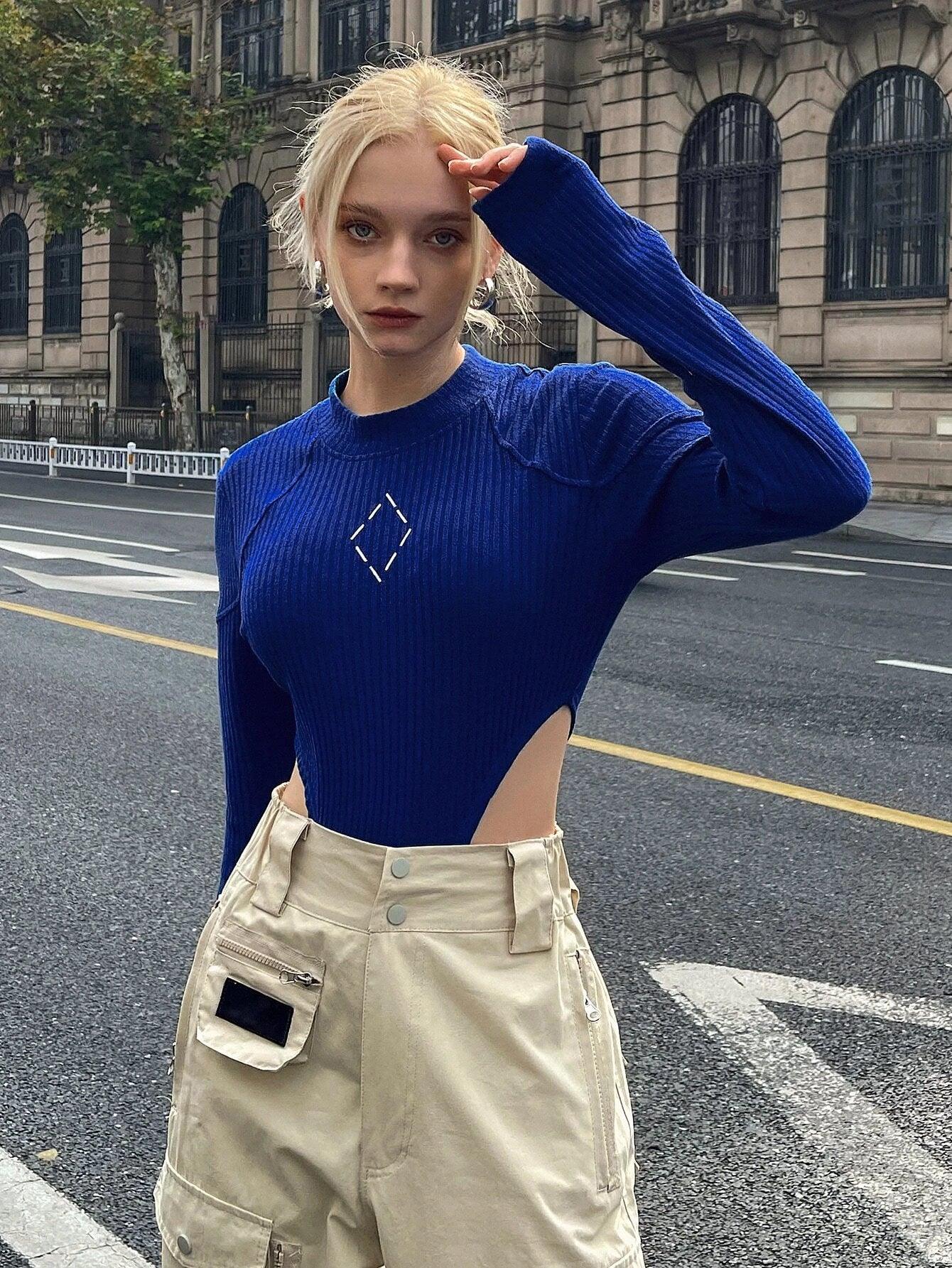 Geo Print High Cut Out Bodysuit-Comfy Jumpsuits