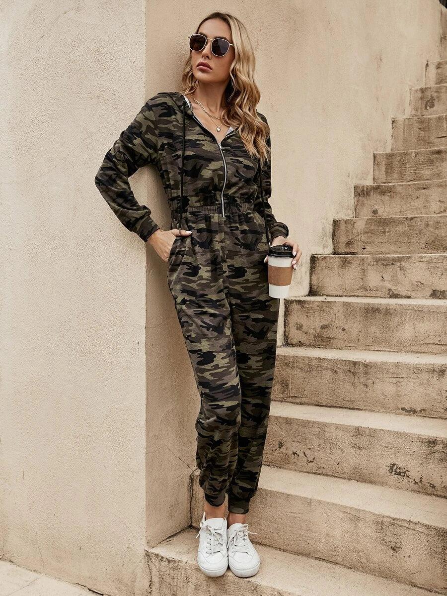Camo Print Half Zip Drawstring Hooded Jumpsuit-Comfy Jumpsuits