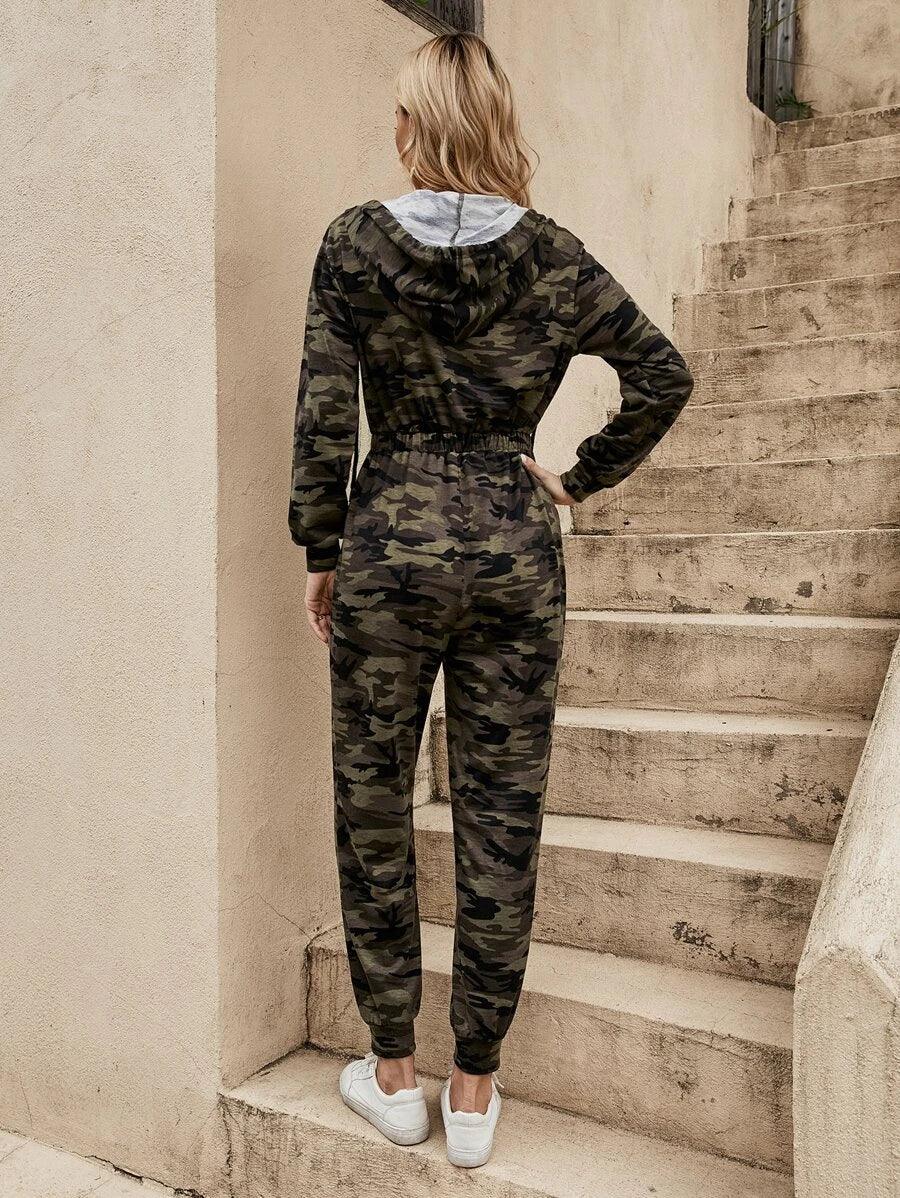 Camo Print Half Zip Drawstring Hooded Jumpsuit-Comfy Jumpsuits