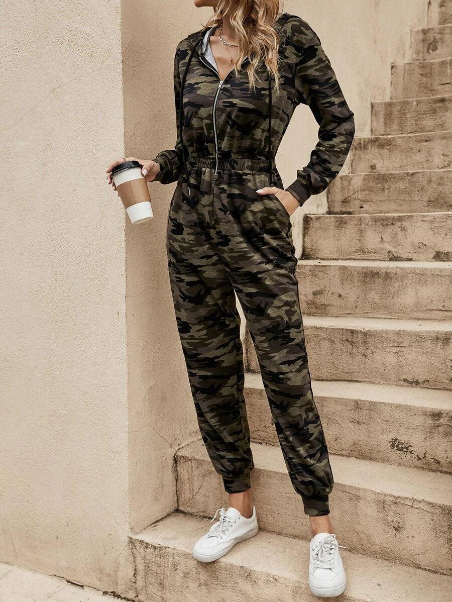 Camo Print Half Zip Drawstring Hooded Jumpsuit-Comfy Jumpsuits