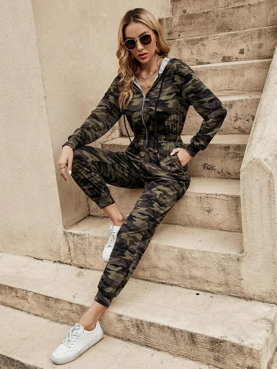 Camo Print Half Zip Drawstring Hooded Jumpsuit-Comfy Jumpsuits
