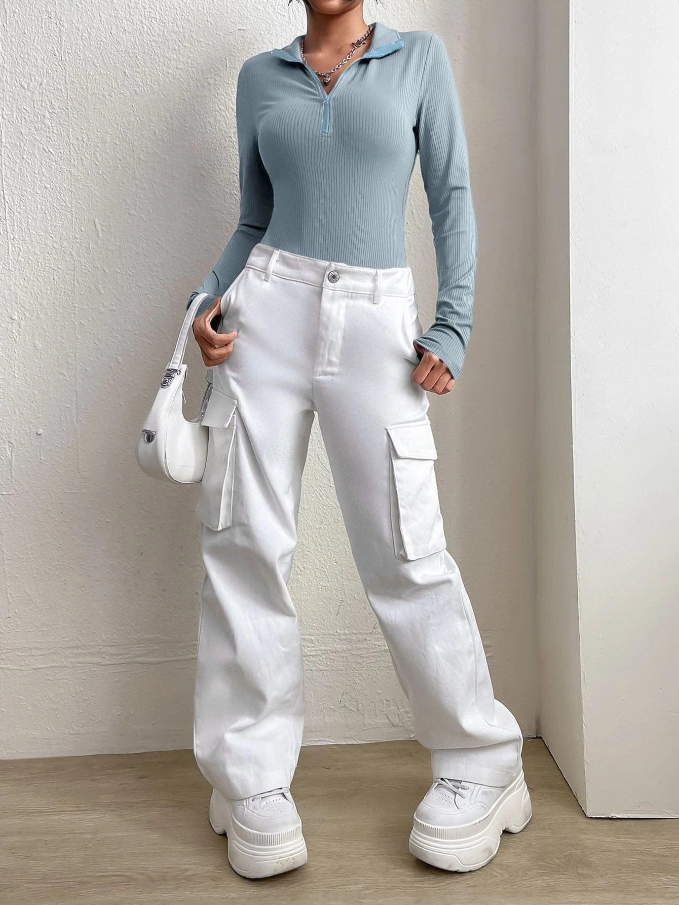 Half Zipper Long Sleeve Bodysuit-Comfy Jumpsuits