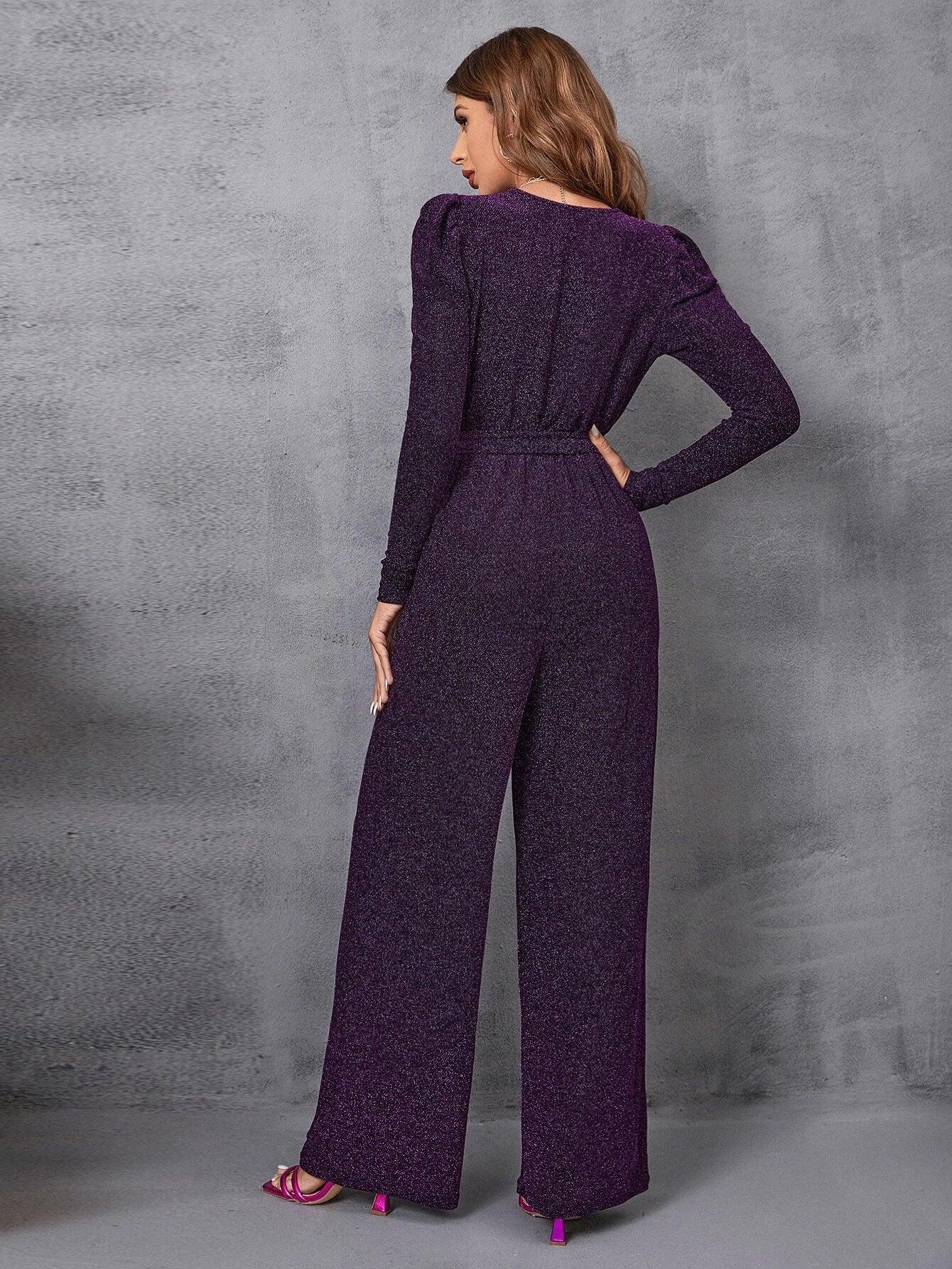 Surplice Neck Gigot Sleeve Belted Glitter Jumpsuit-Comfy Jumpsuits