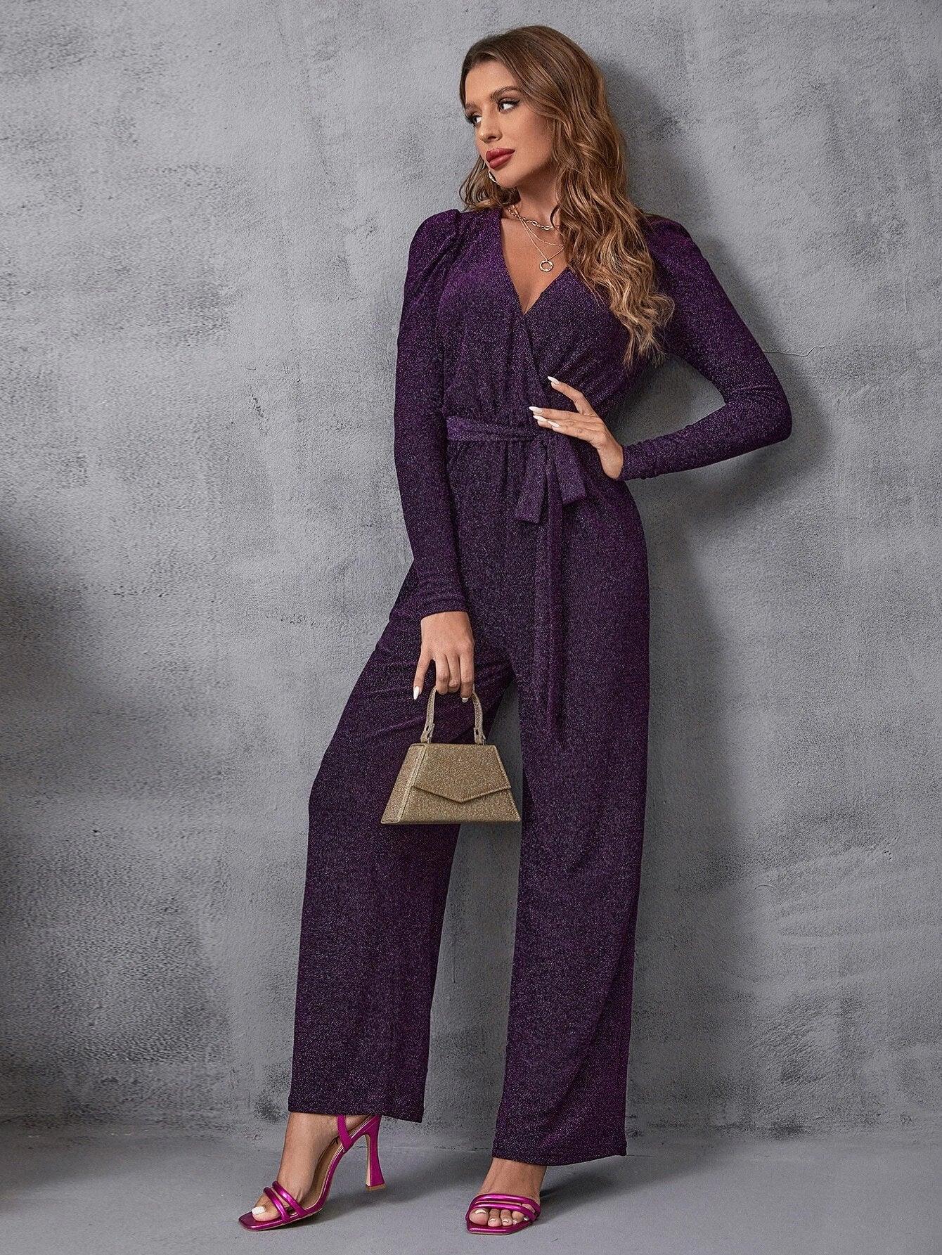 Surplice Neck Gigot Sleeve Belted Glitter Jumpsuit-Comfy Jumpsuits