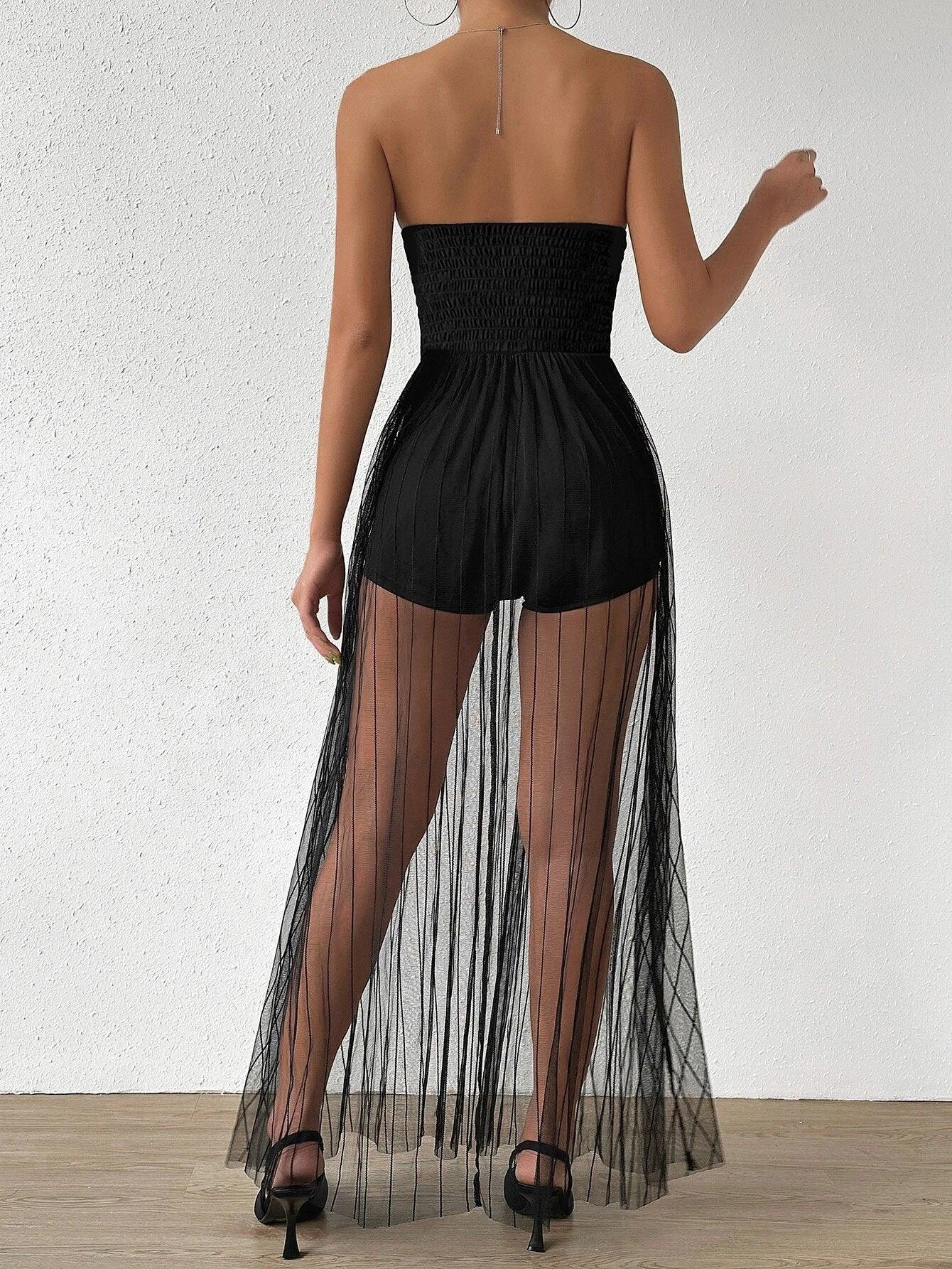 Contrast Mesh Overlay Tube Romper-Comfy Jumpsuits