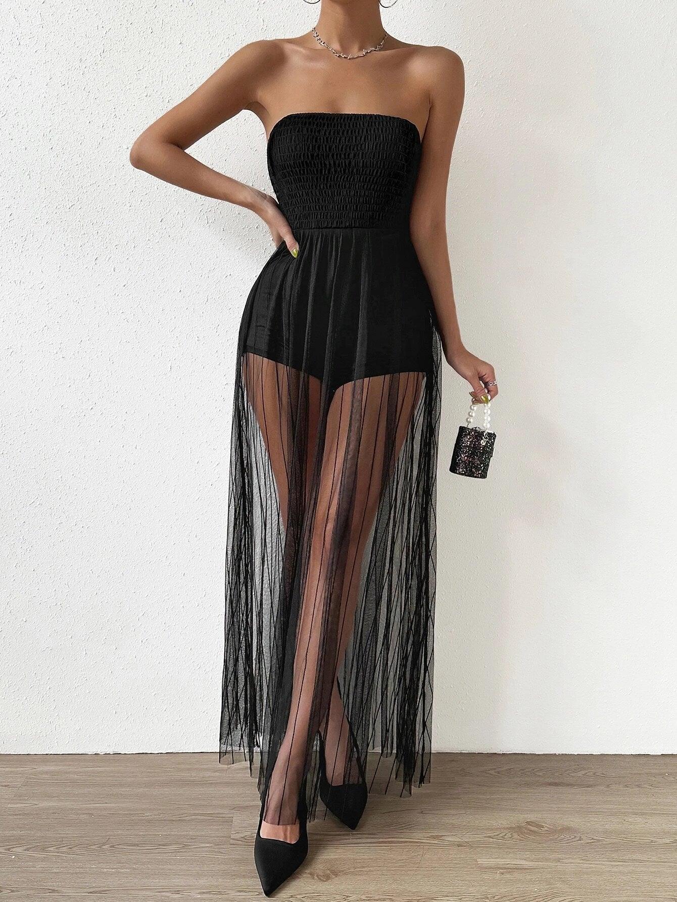 Contrast Mesh Overlay Tube Romper-Comfy Jumpsuits