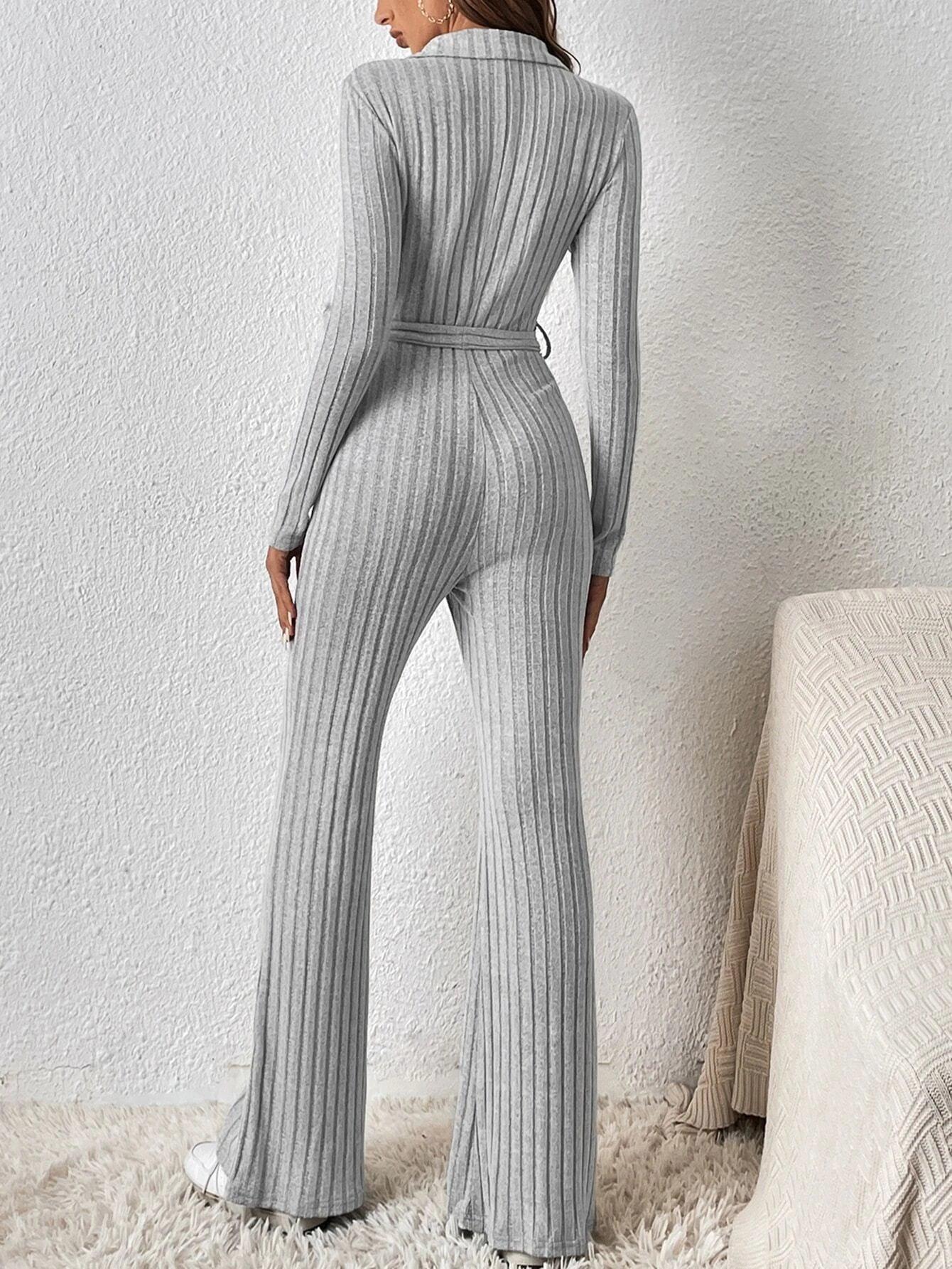 Zipper Ribbed Knit Jumpsuit With Belt-Comfy Jumpsuits