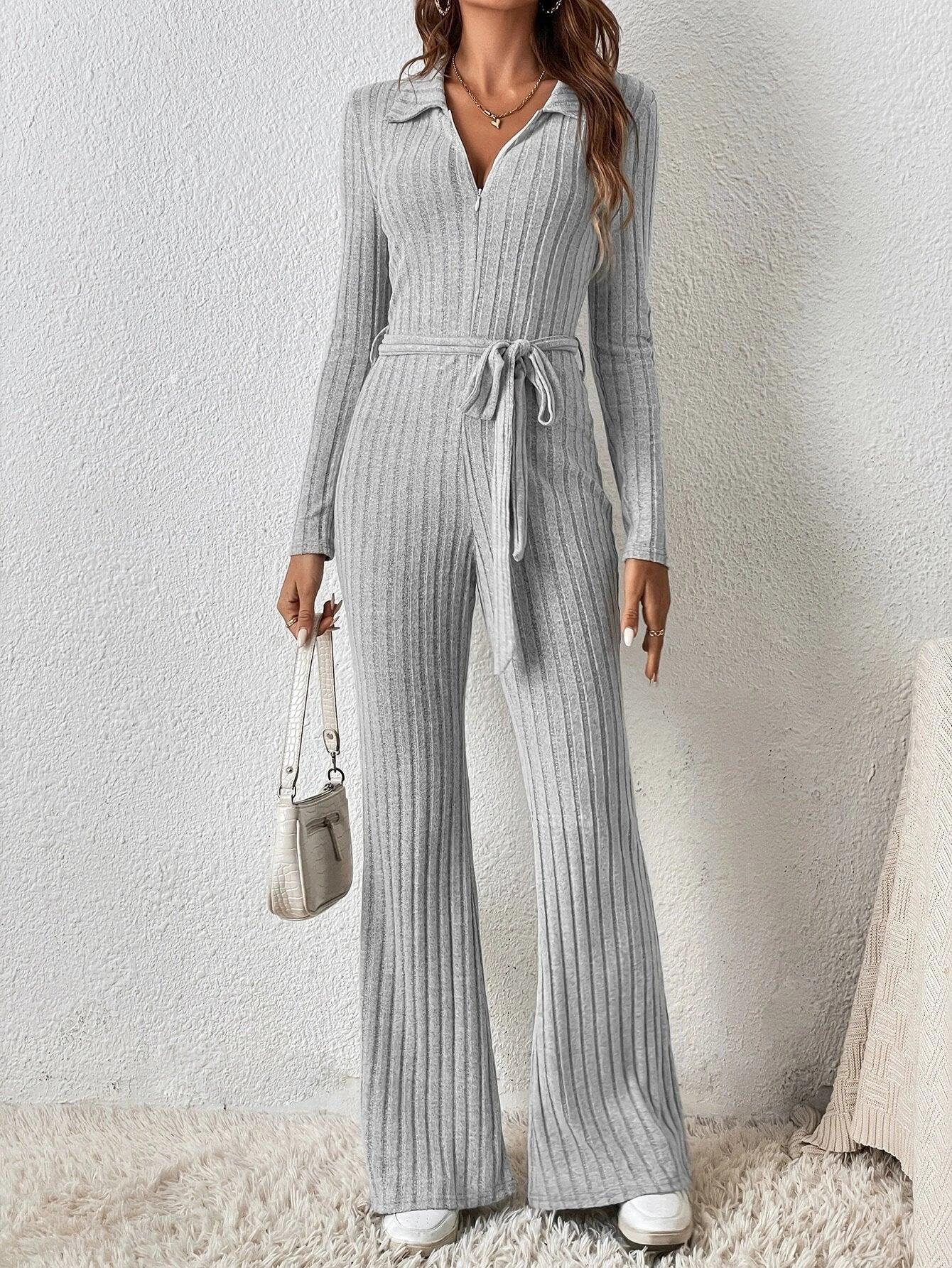 Zipper Ribbed Knit Jumpsuit With Belt-Comfy Jumpsuits