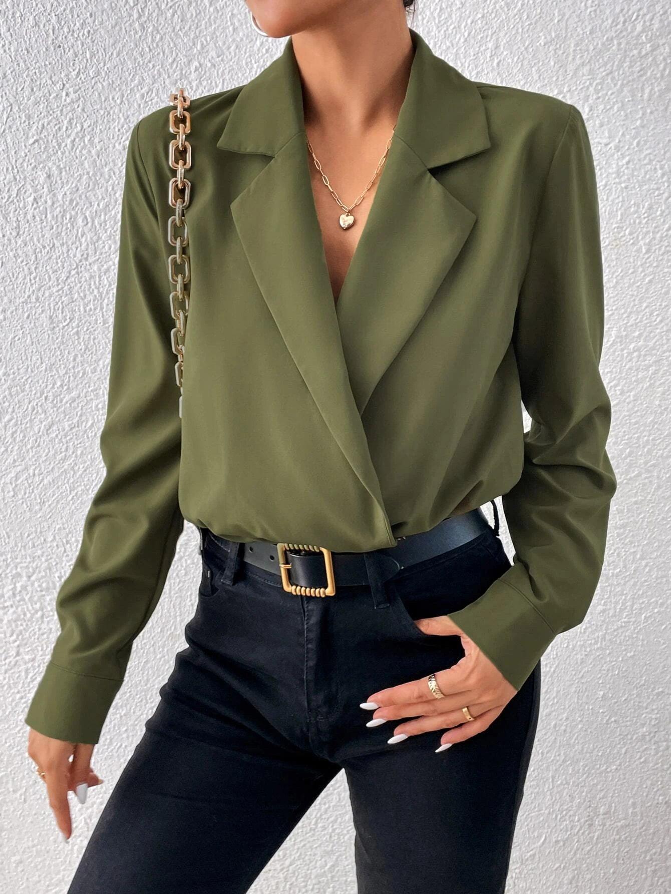 Lapel Neck Shirt Bodysuit-Comfy Jumpsuits