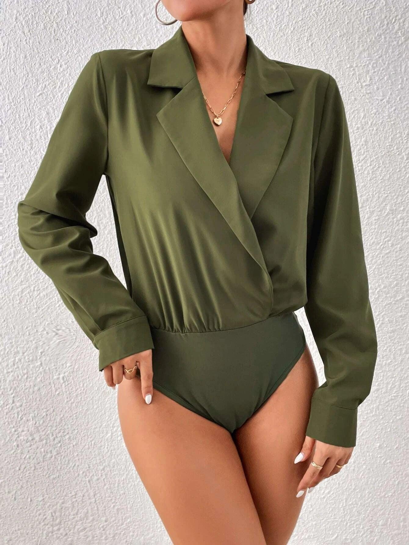 Lapel Neck Shirt Bodysuit-Comfy Jumpsuits