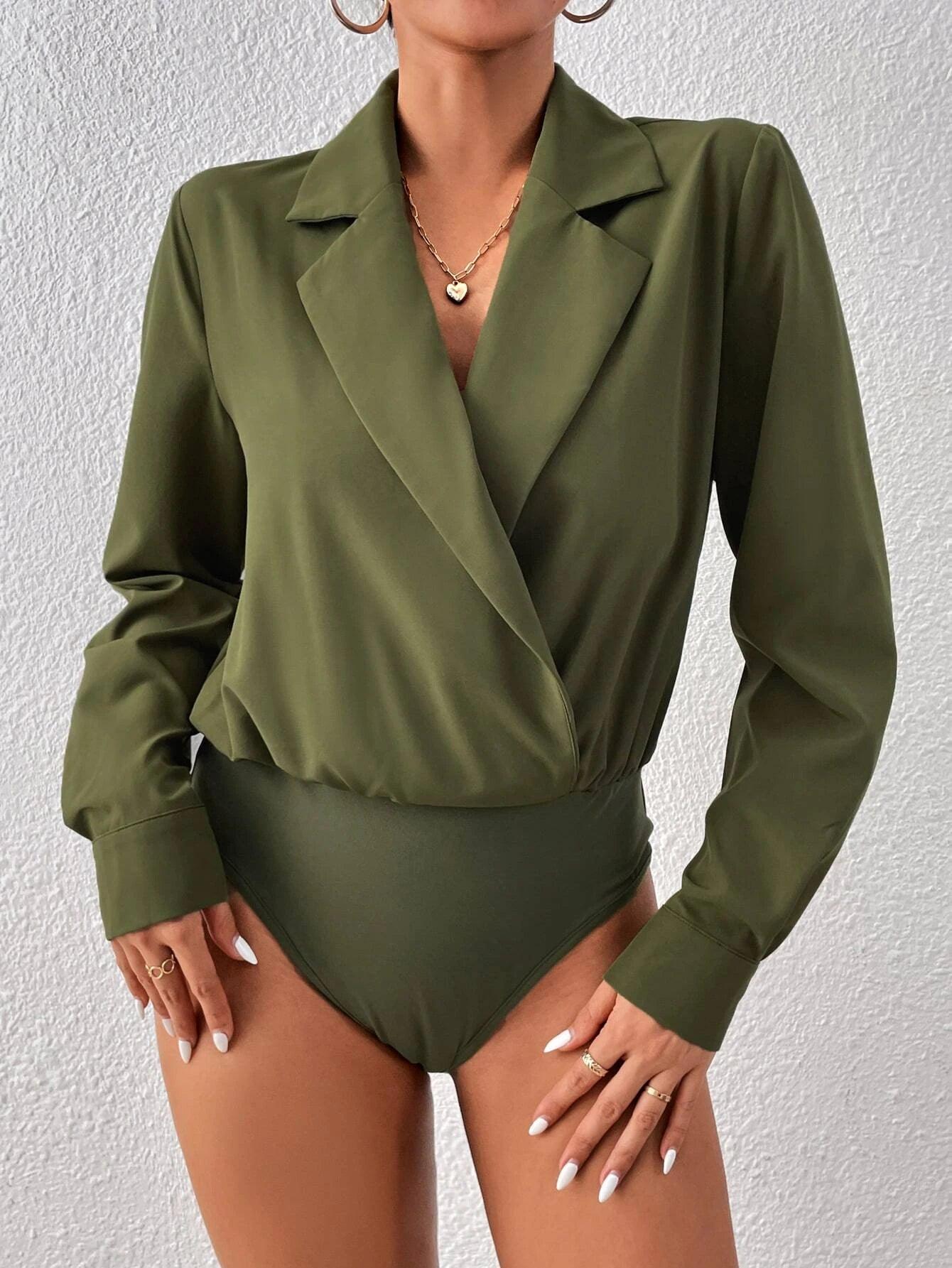 Lapel Neck Shirt Bodysuit-Comfy Jumpsuits