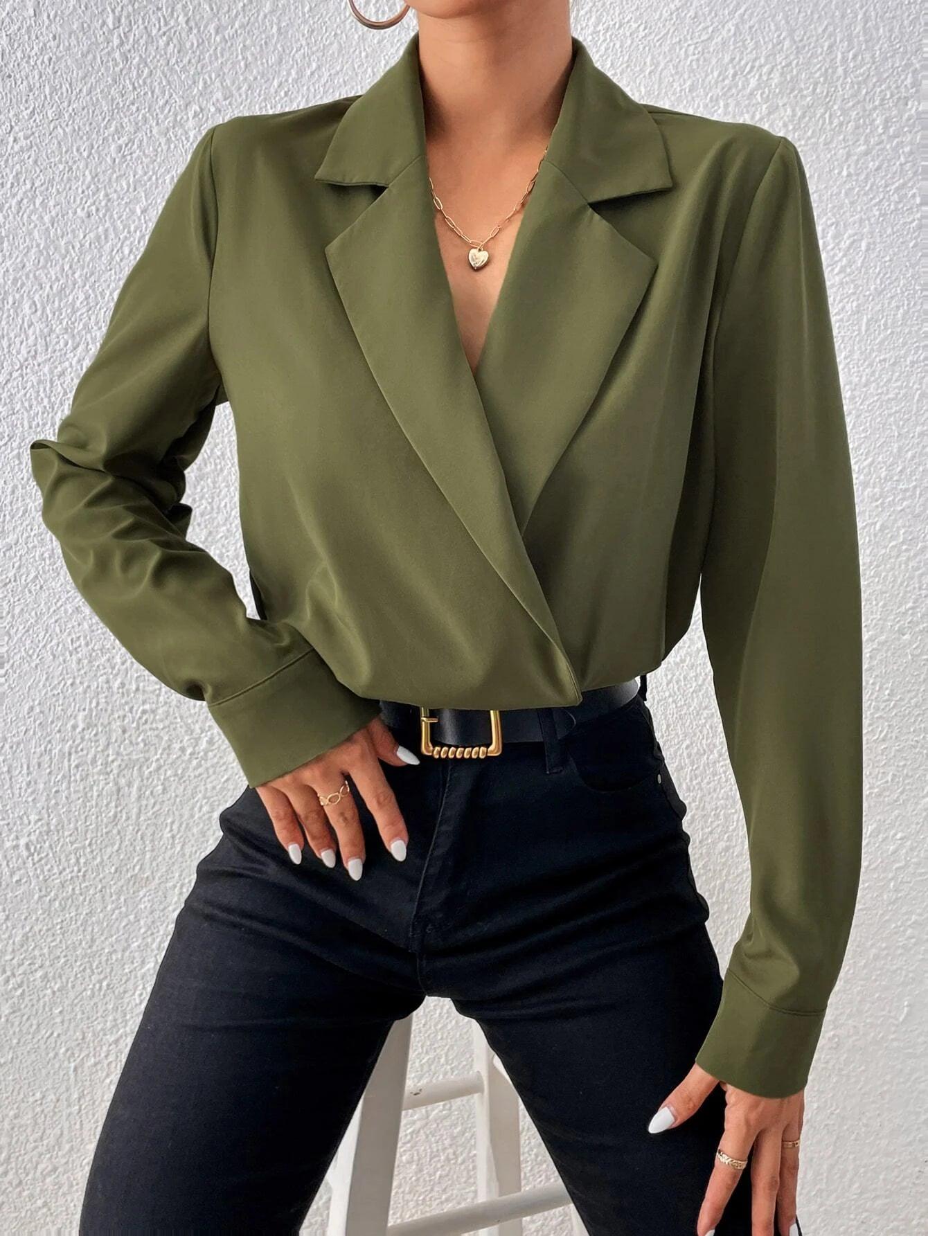 Lapel Neck Shirt Bodysuit-Comfy Jumpsuits