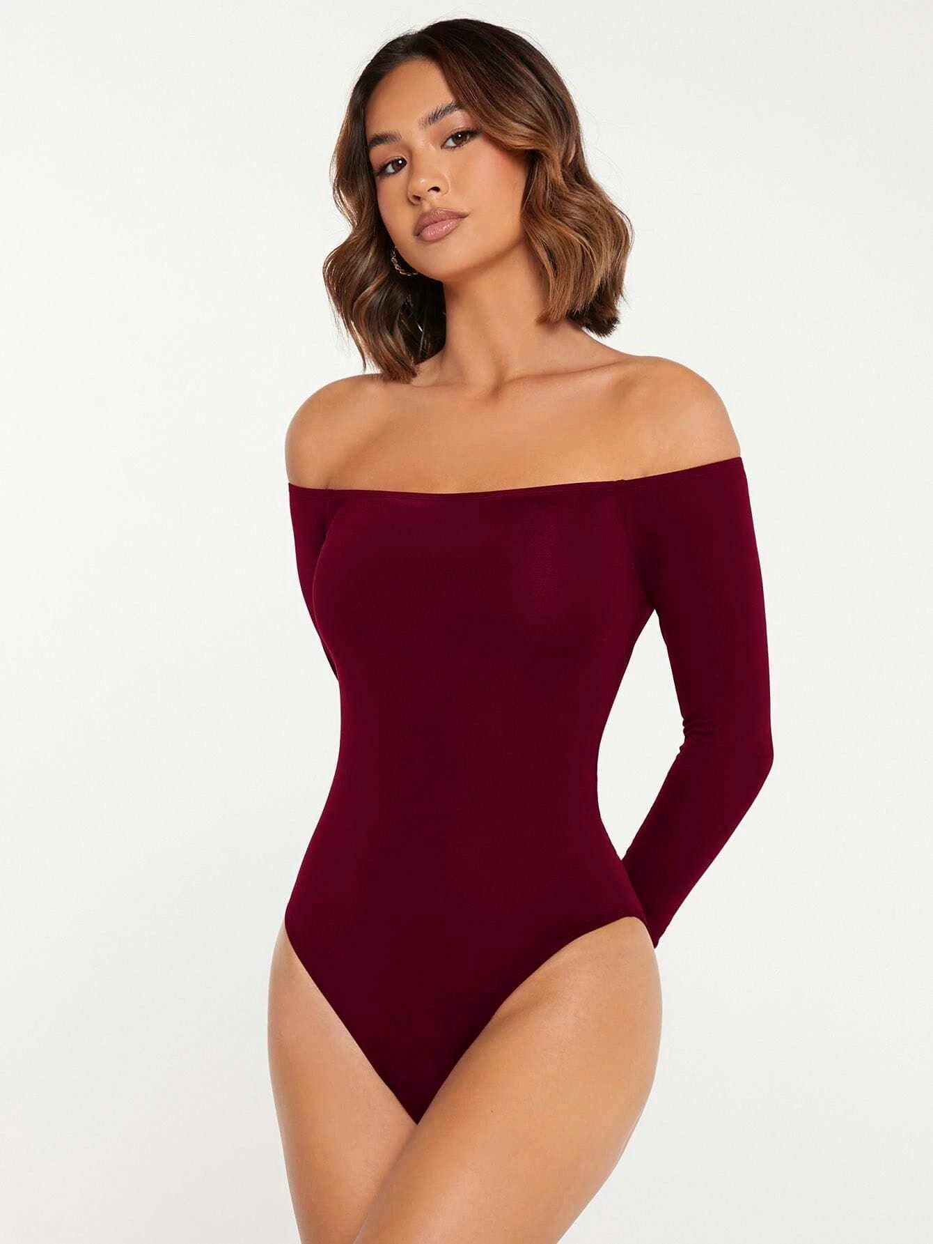 Solid Coloured Off Shoulder Bodysuit-Comfy Jumpsuits
