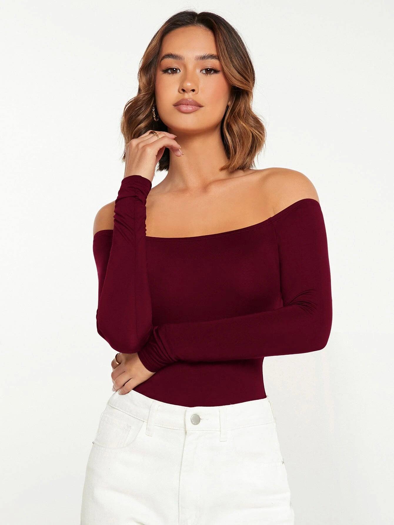 Solid Coloured Off Shoulder Bodysuit-Comfy Jumpsuits