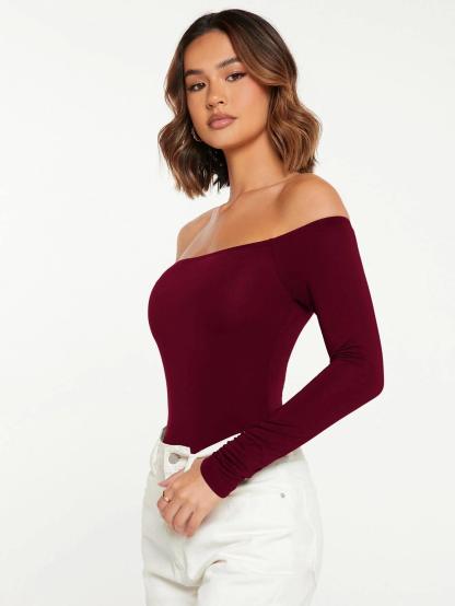 Solid Coloured Off Shoulder Bodysuit-Comfy Jumpsuits