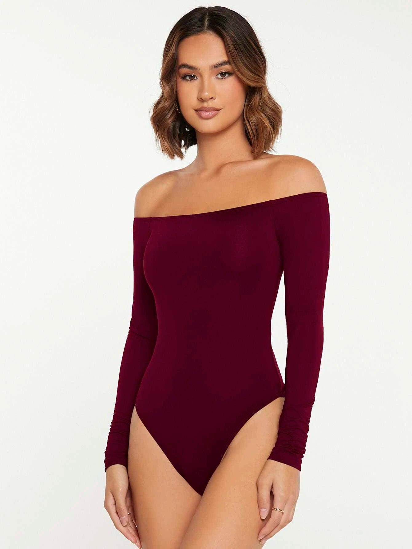 Solid Coloured Off Shoulder Bodysuit-Comfy Jumpsuits