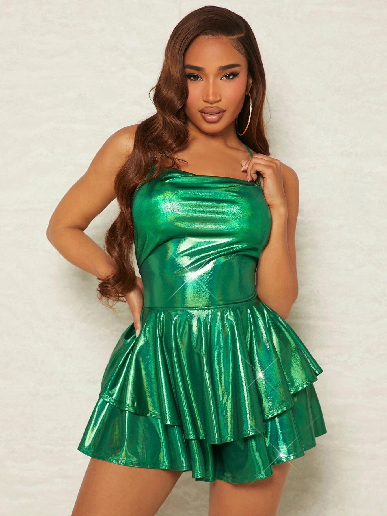 Layered Ruffle Hem Holographic Lace Up Romper-Comfy Jumpsuits