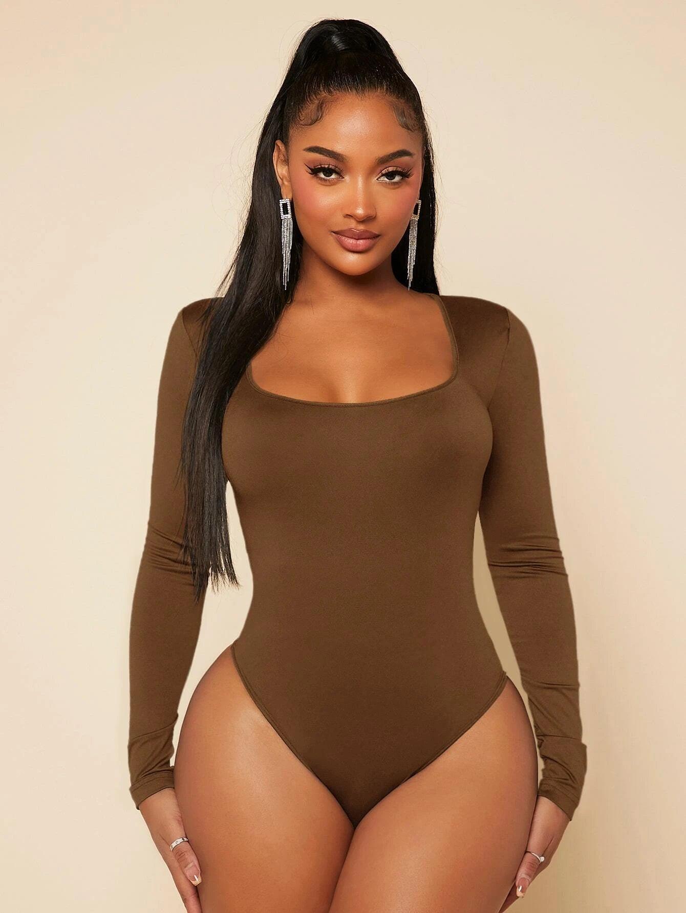 Square Neck Slim Bodysuit-Comfy Jumpsuits
