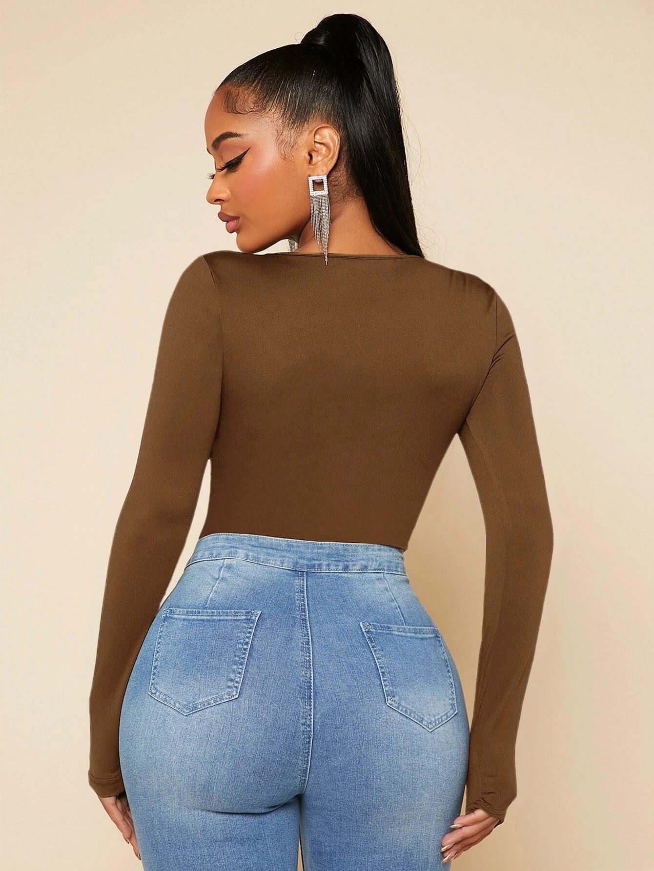 Square Neck Slim Bodysuit-Comfy Jumpsuits