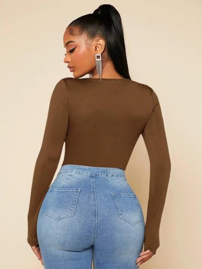 Square Neck Slim Bodysuit-Comfy Jumpsuits