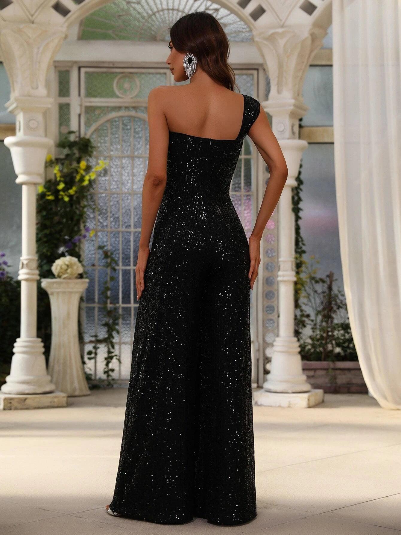 One Shoulder Sequin Wide Leg Jumpsuit-Comfy Jumpsuits