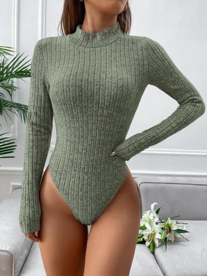 Mock Neck Rib-Knit Tee Bodysuit-Comfy Jumpsuits