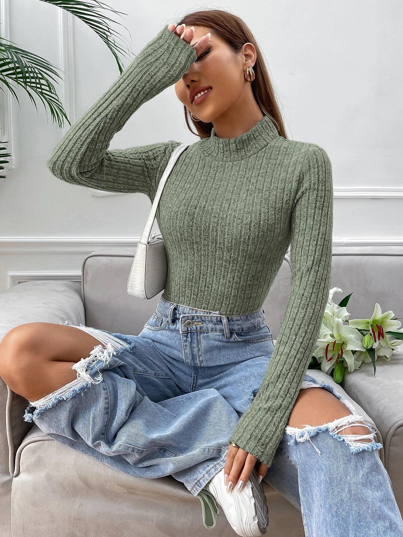 Mock Neck Rib-Knit Tee Bodysuit-Comfy Jumpsuits