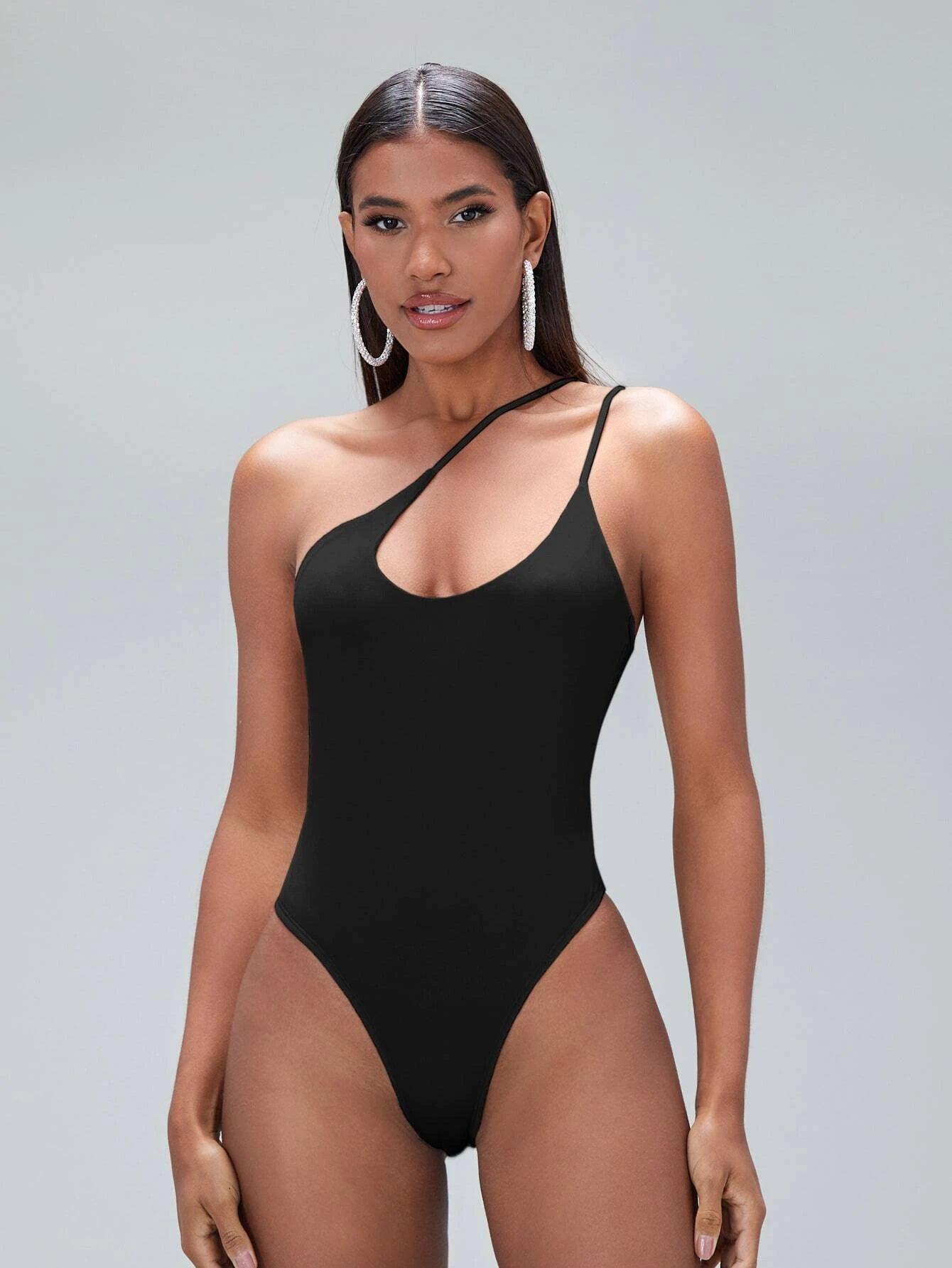 One Shoulder Solid Coloured Bodysuit-Comfy Jumpsuits