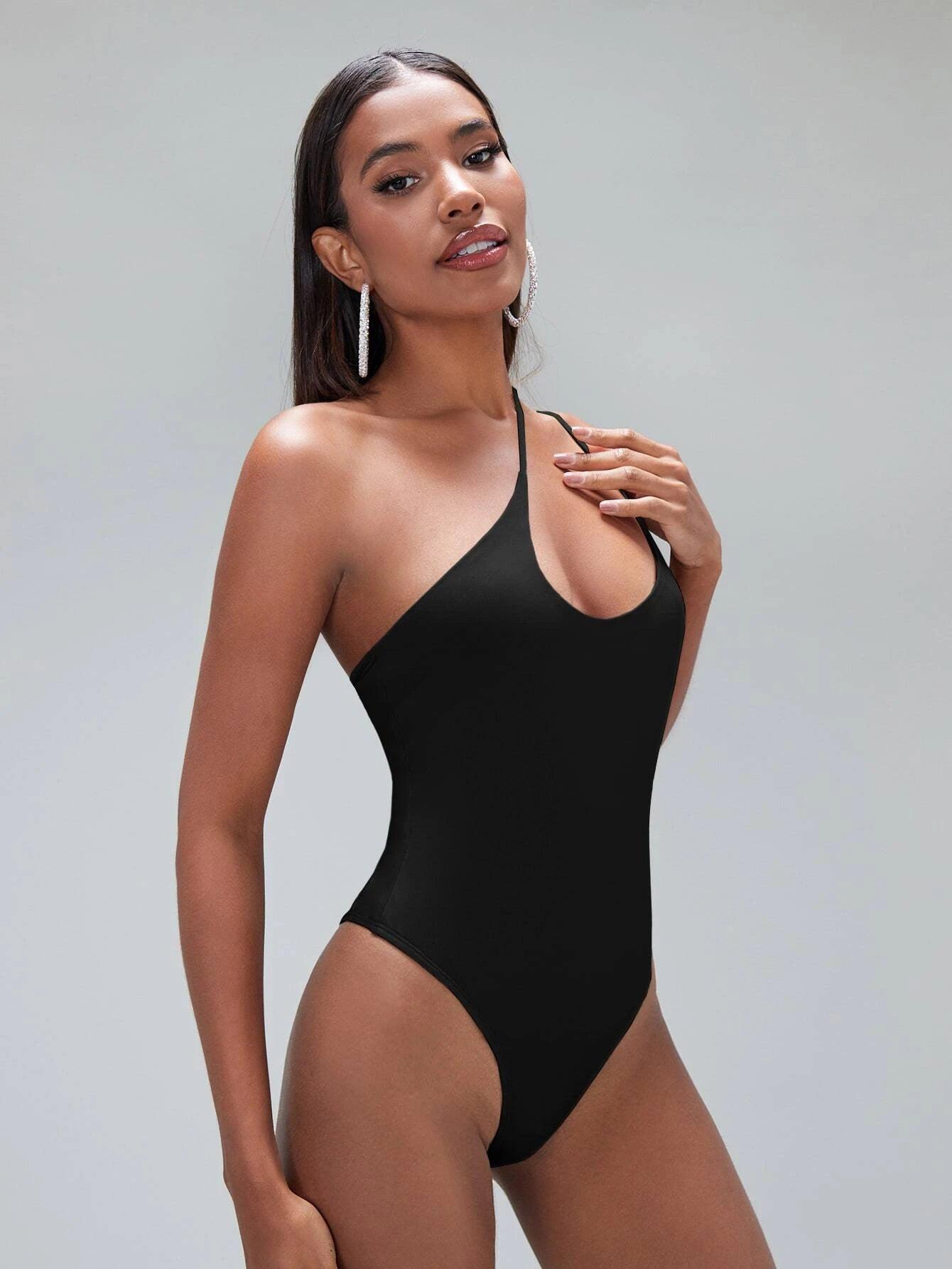One Shoulder Solid Coloured Bodysuit-Comfy Jumpsuits