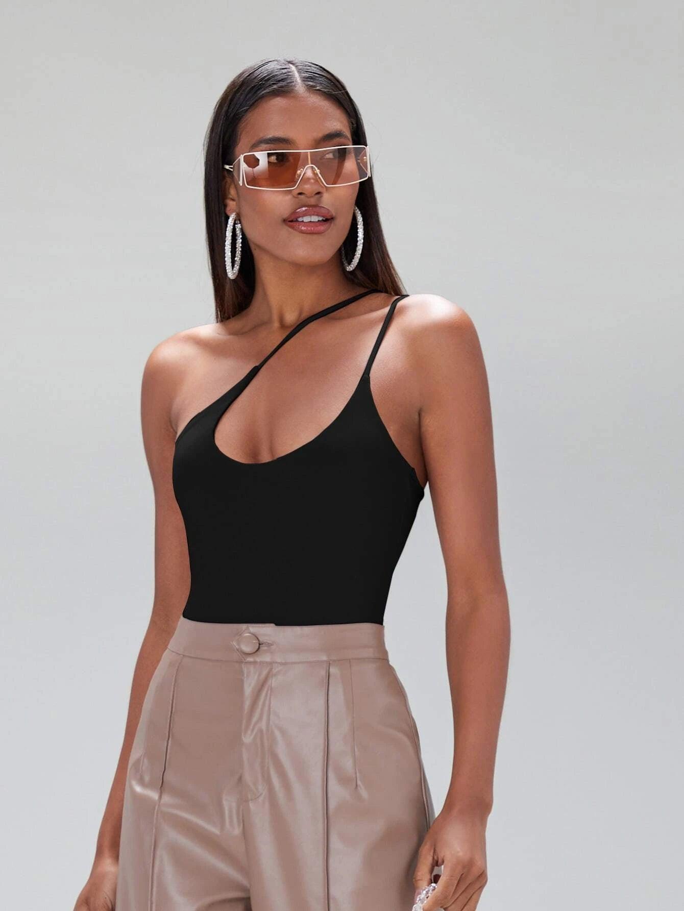 One Shoulder Solid Coloured Bodysuit-Comfy Jumpsuits