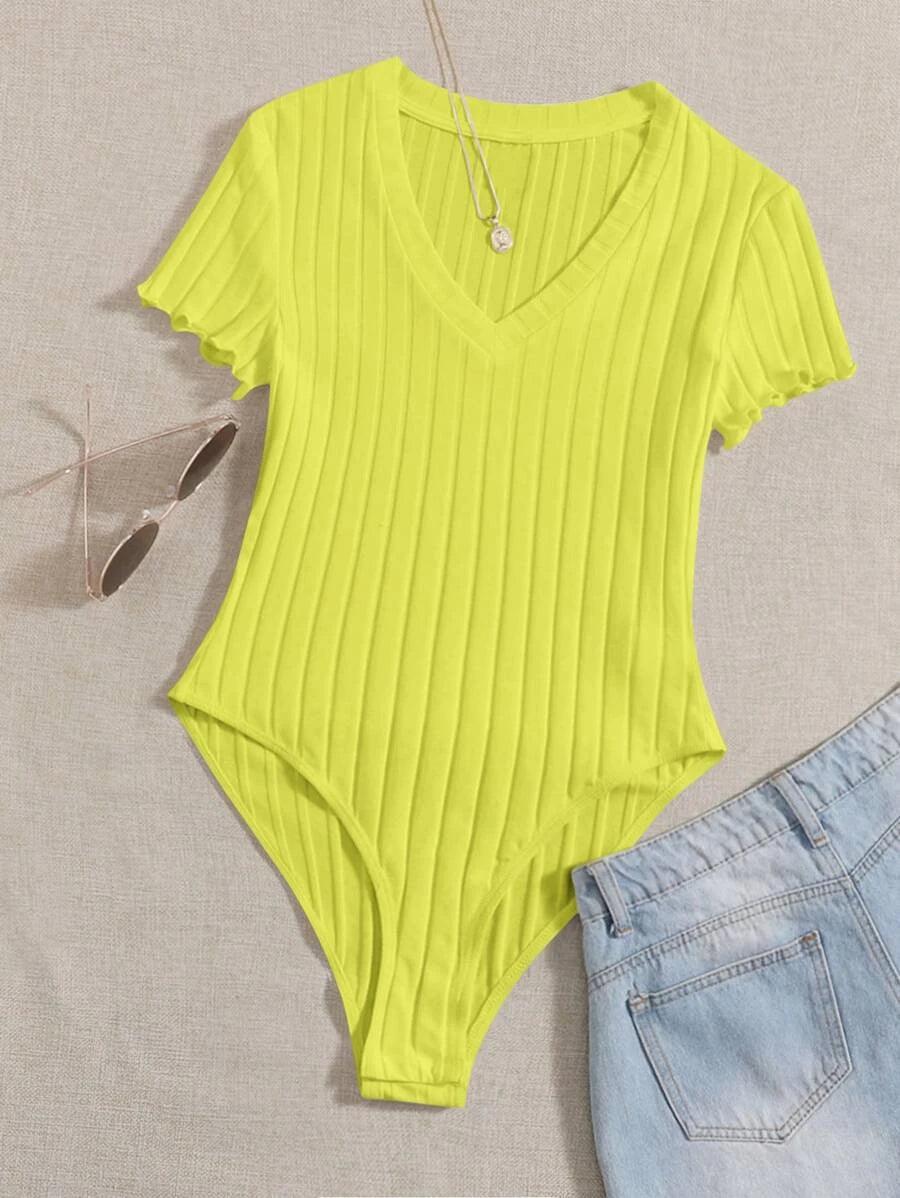 Casual Lettuce Trim Rib Knit Bodysuit-Comfy Jumpsuits