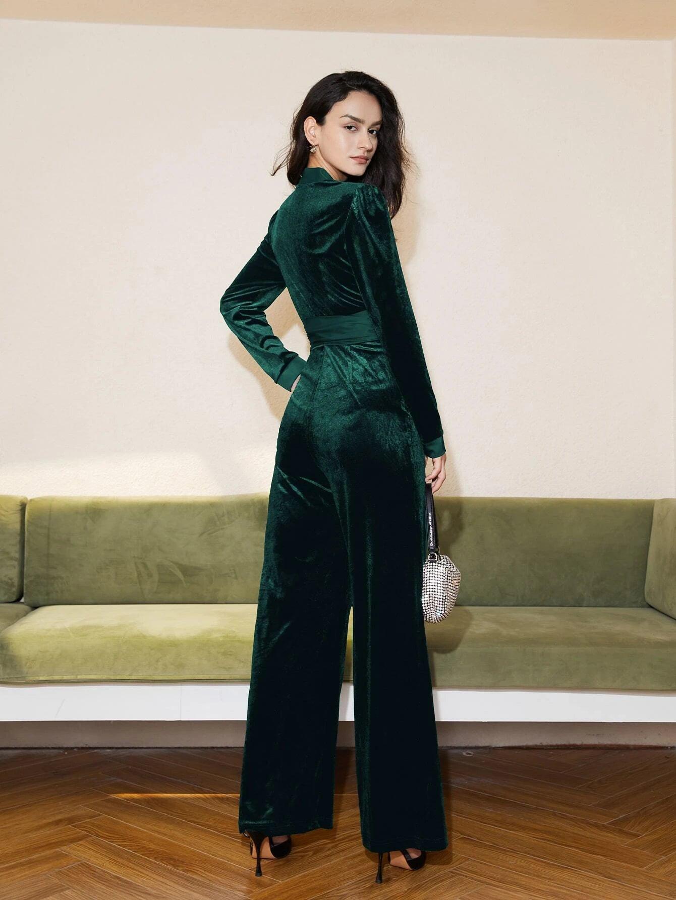 V Neck Belted Velvet Jumpsuit-Comfy Jumpsuits