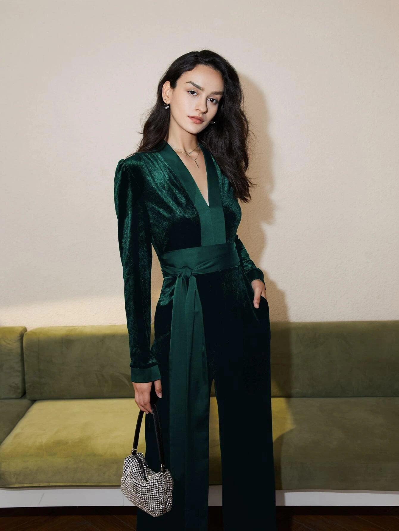 V Neck Belted Velvet Jumpsuit-Comfy Jumpsuits