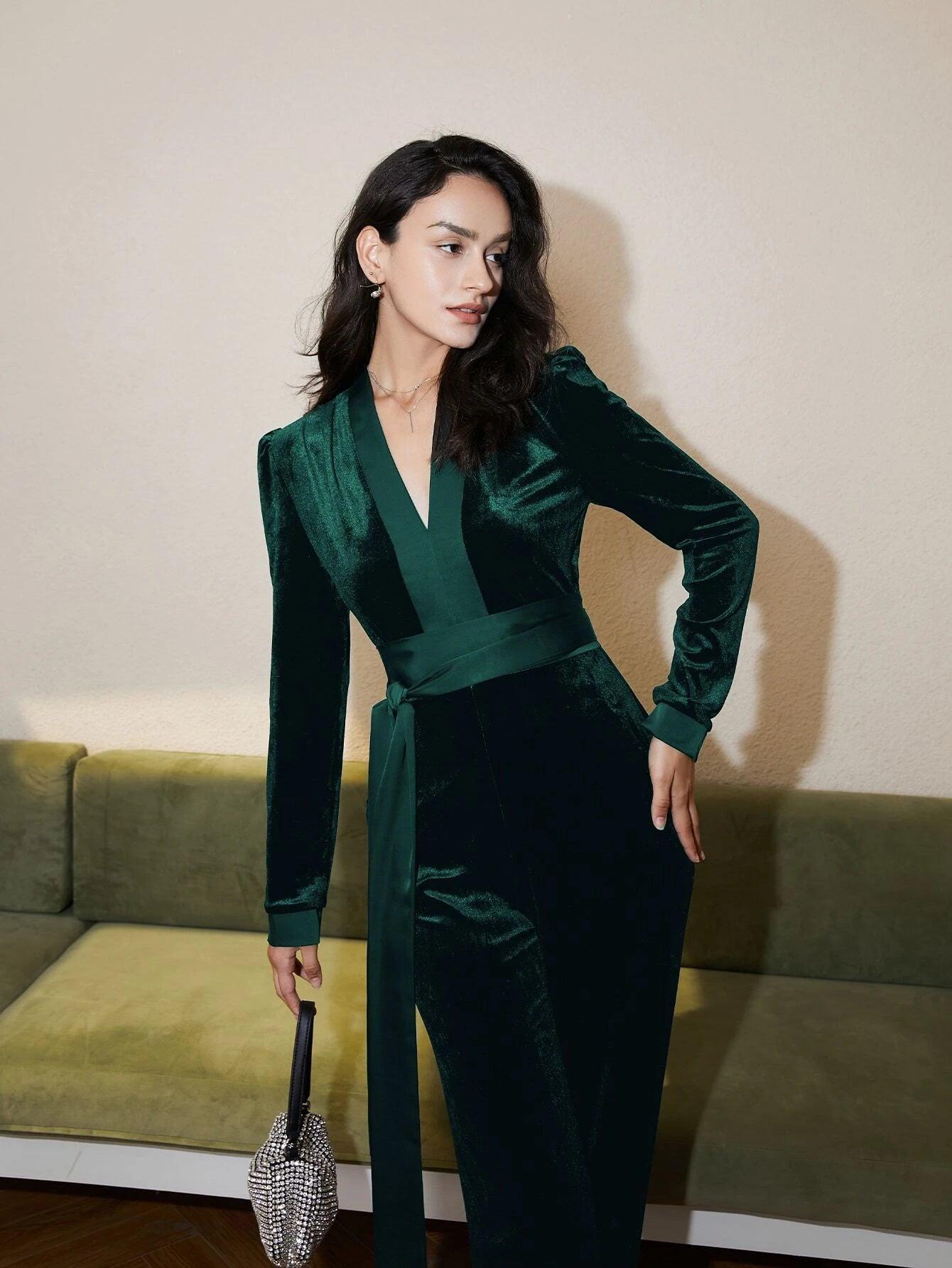 V Neck Belted Velvet Jumpsuit-Comfy Jumpsuits
