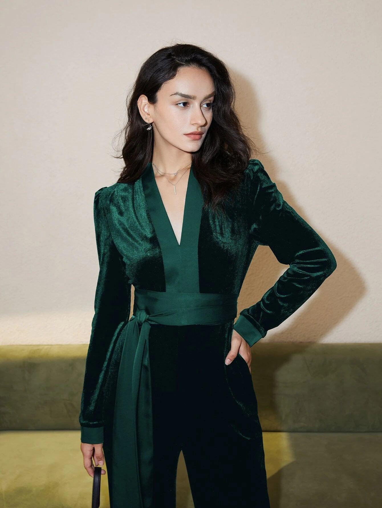 V Neck Belted Velvet Jumpsuit-Comfy Jumpsuits