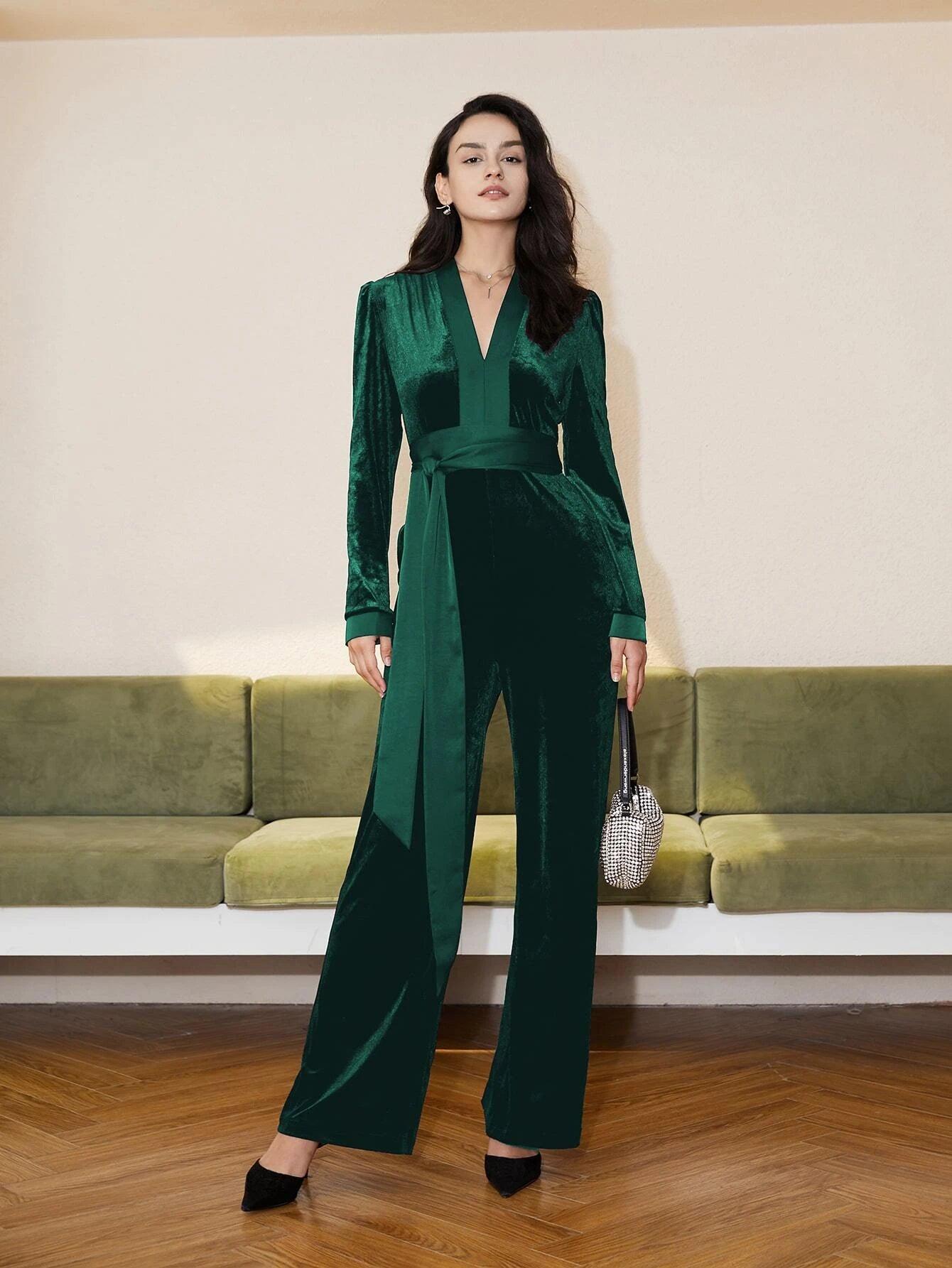 V Neck Belted Velvet Jumpsuit-Comfy Jumpsuits