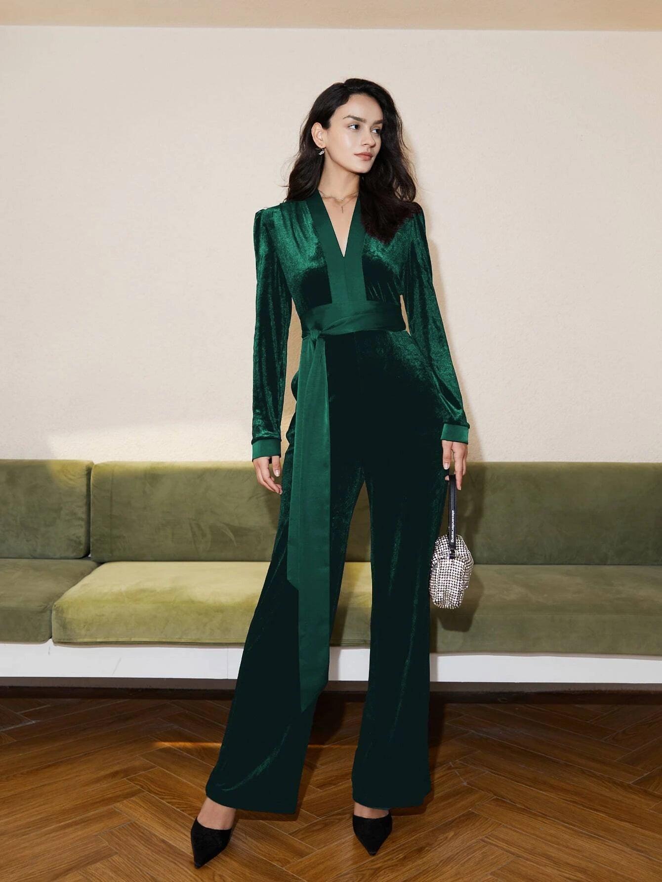 V Neck Belted Velvet Jumpsuit-Comfy Jumpsuits