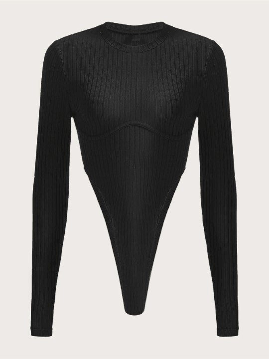 Solid Plain Long Sleeve Bodysuit-Comfy Jumpsuits